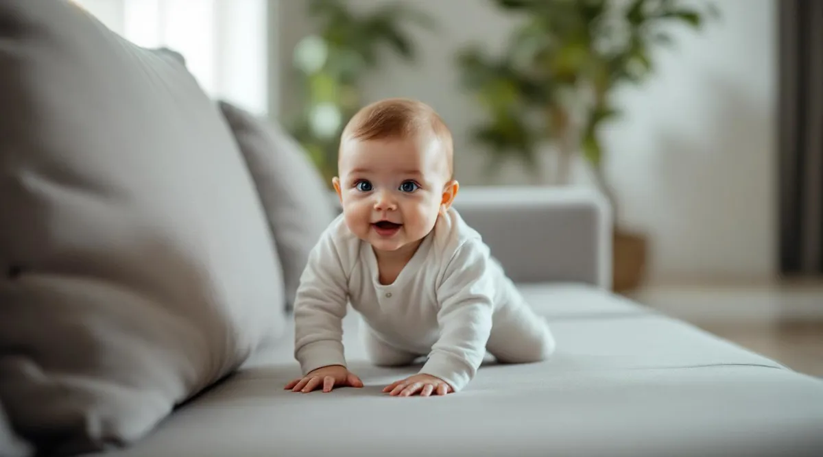 A 10-month-old baby cruising along a couch while holding on with both hands