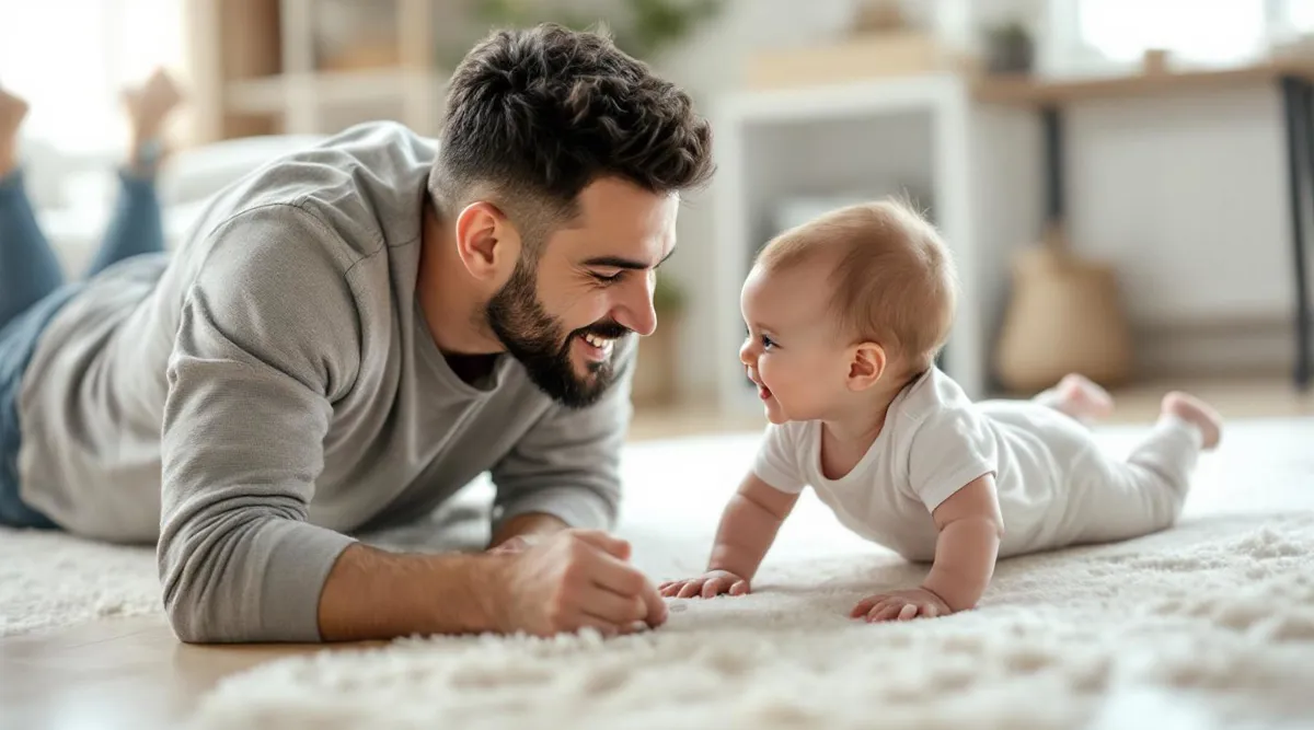 A parent lying on the floor smiling face-to-face with a baby during tummy time