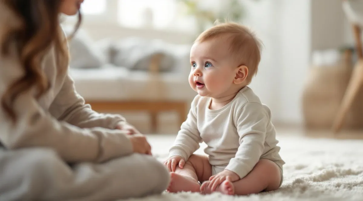 A 7-month-old baby sitting on the floor looking toward a parent nearby