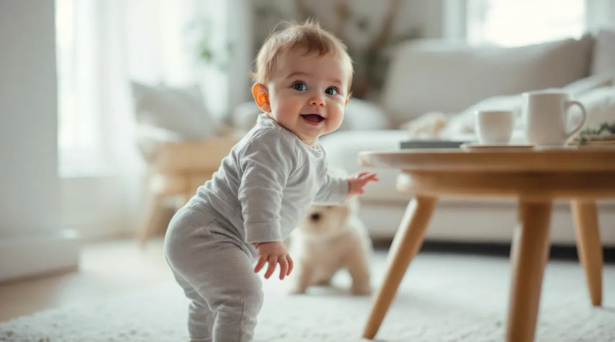 A 9-month-old baby pulling to stand while holding onto a low coffee table