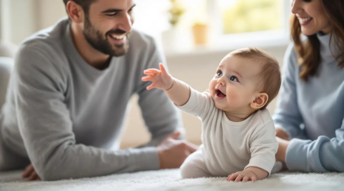 An 8-month-old baby reaching toward a parent while a grandparent smiles nearby