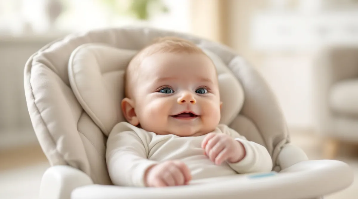 A 4-month-old baby reclining in a bouncer seat with limited trunk control