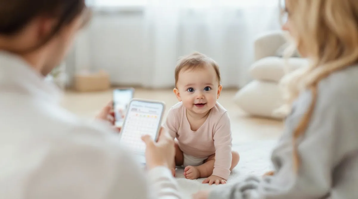 A parent looking at a milestone chart on a phone while sitting next to their baby on the floor