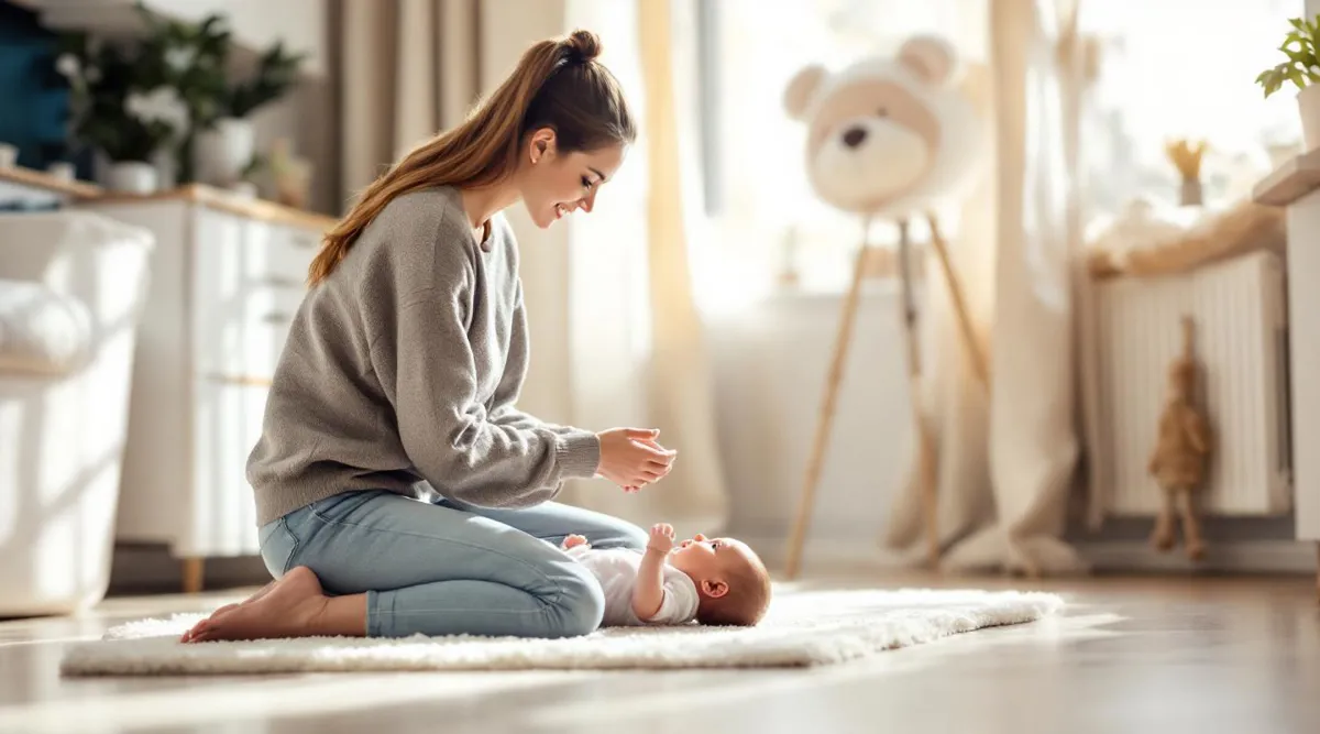 A parent kneeling down to say goodbye to their baby at home
