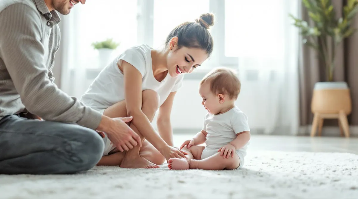 A parent and baby sitting together on the floor during a calm check-in moment
