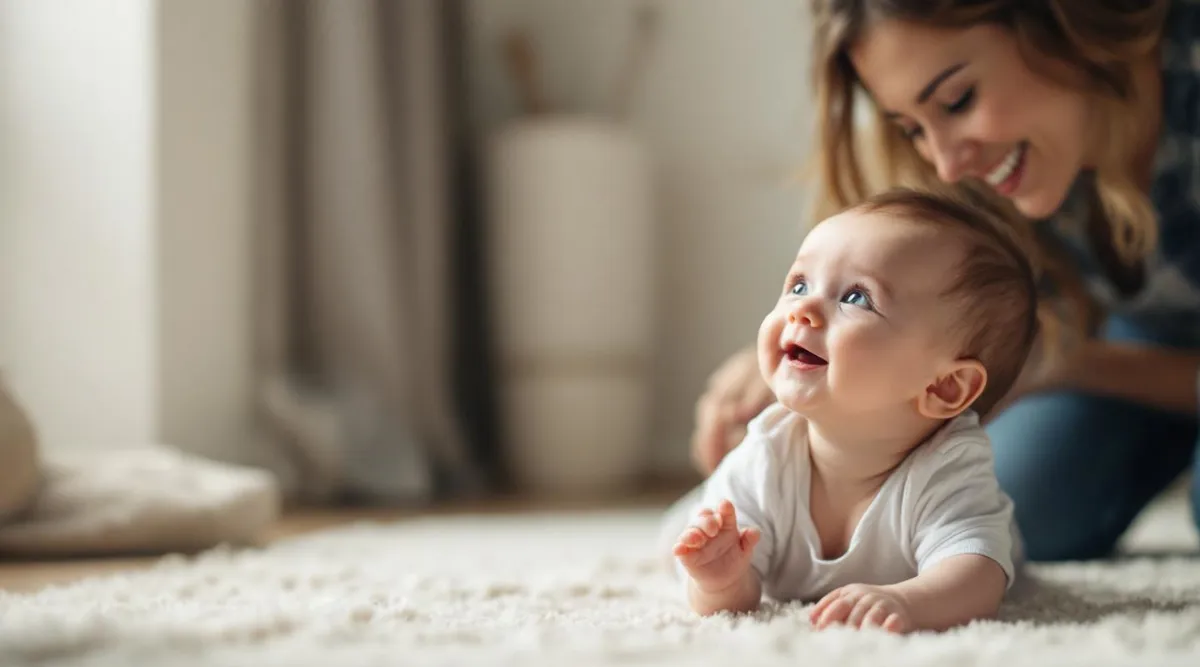 A 2-month-old baby smiling up at a parent during face-to-face interaction