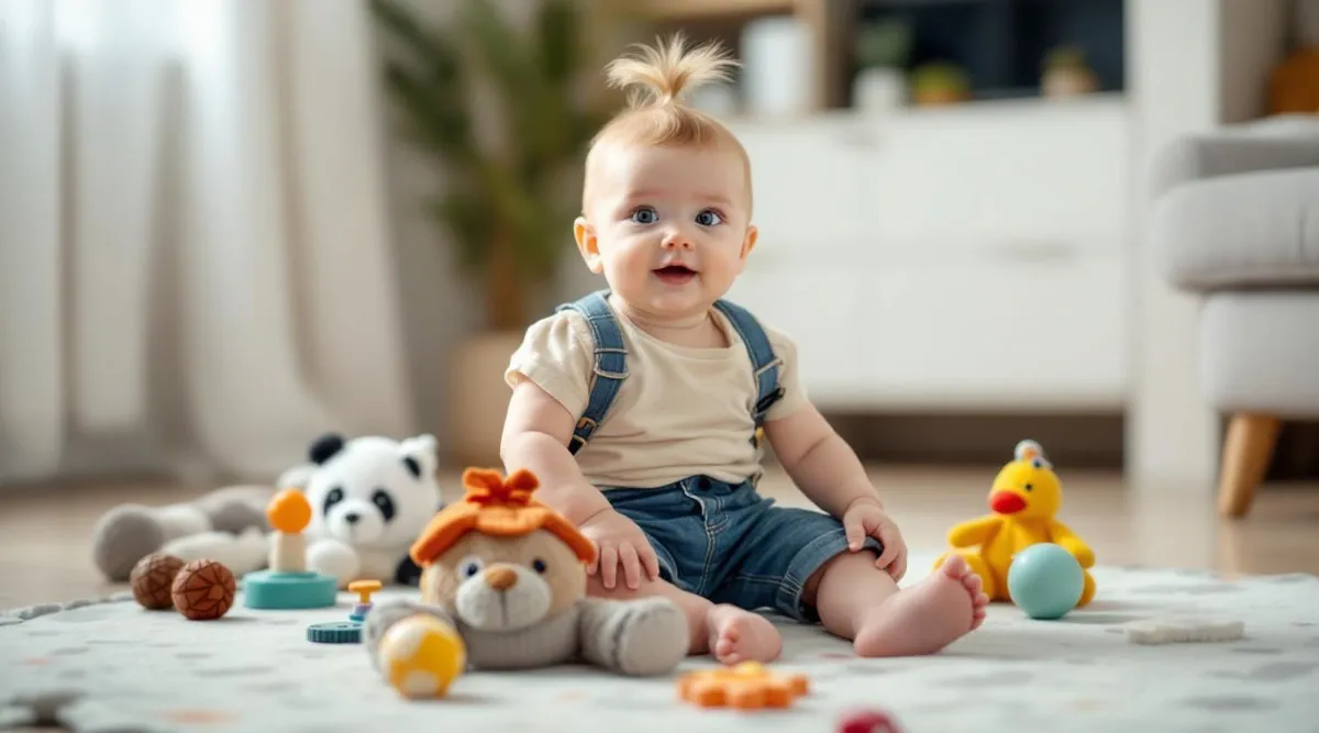 A 7-month-old baby sitting independently on a play mat with toys around them