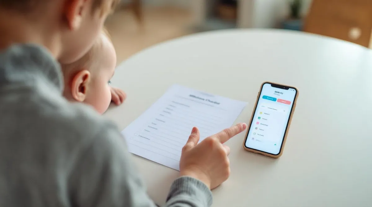 A parent pointing to a printed milestone checklist on a table next to a phone showing a baby tracking app