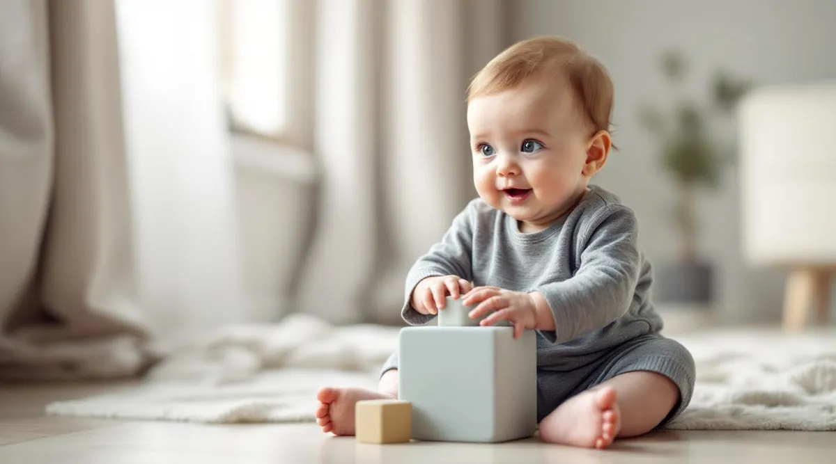 A 7-month-old baby sitting independently and playing with a soft block