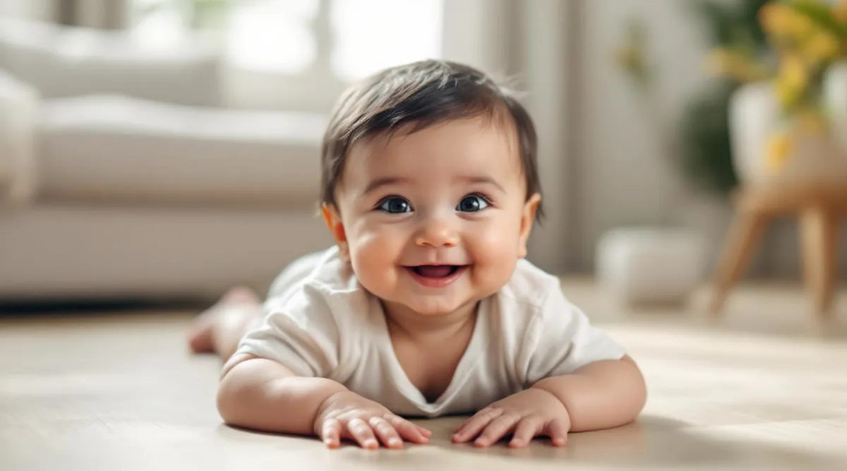 A 4-month-old baby smiling while propped up on their forearms during tummy time