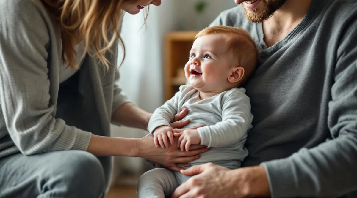 A parent introducing their baby to a new adult while holding the baby securely