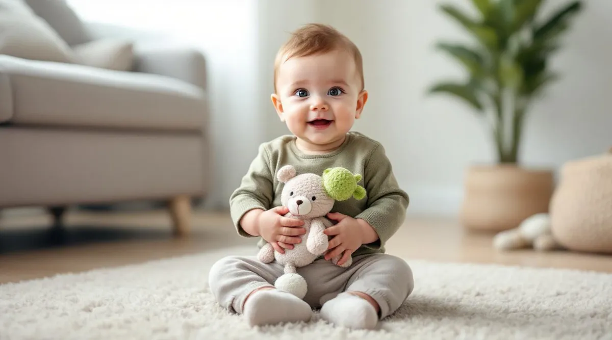 An 8-month-old baby sitting independently on a carpet while holding a soft toy