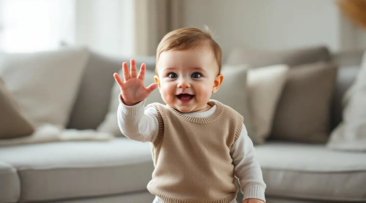 An 11-month-old baby waving while standing and holding onto a couch