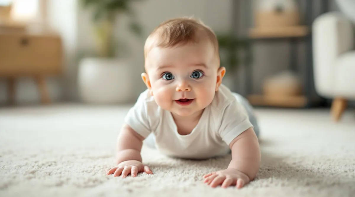 A 5-month-old baby pushing up on straight arms during tummy time