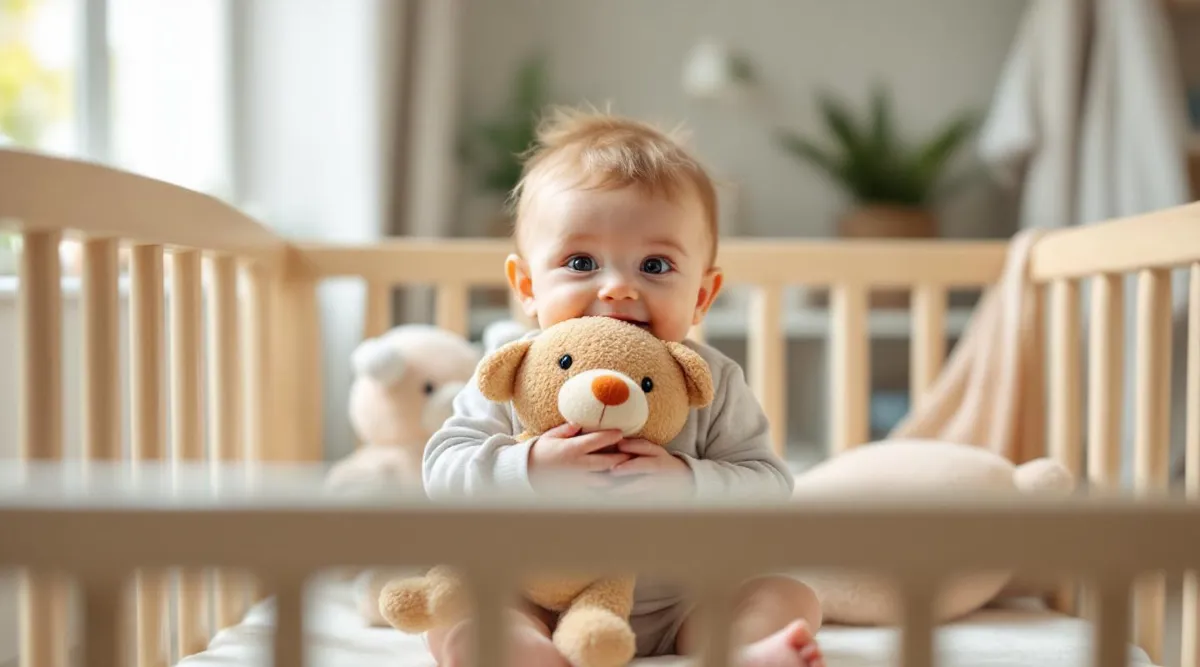 An 11-month-old baby sitting in a crib holding a favorite soft toy