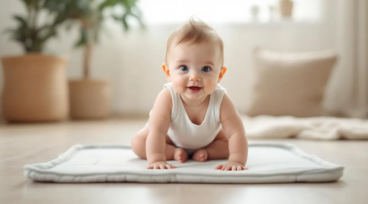 A 6-month-old baby leaning forward on their hands in a tripod sitting position on a play mat