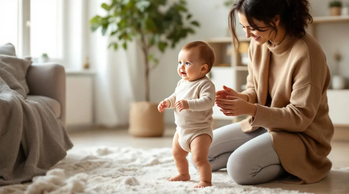 An 11-month-old baby standing briefly without support while a parent kneels nearby