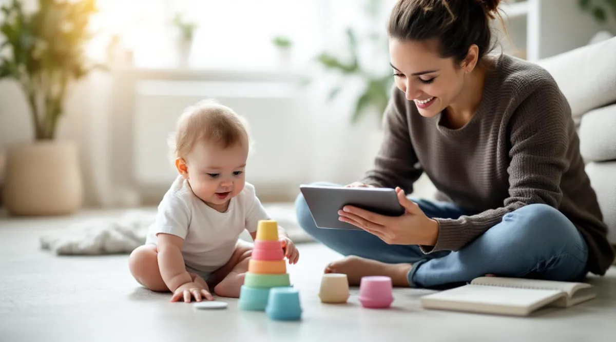 A parent sitting on the floor with a 9-month-old baby, looking at a checklist on a tablet while the baby plays with stac