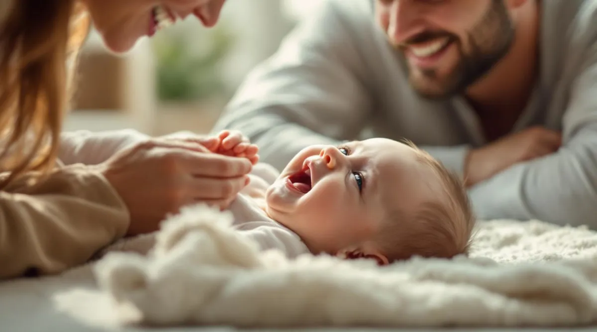 A 4-month-old baby lying on their back cooing and making early speech sounds while a parent smiles nearby