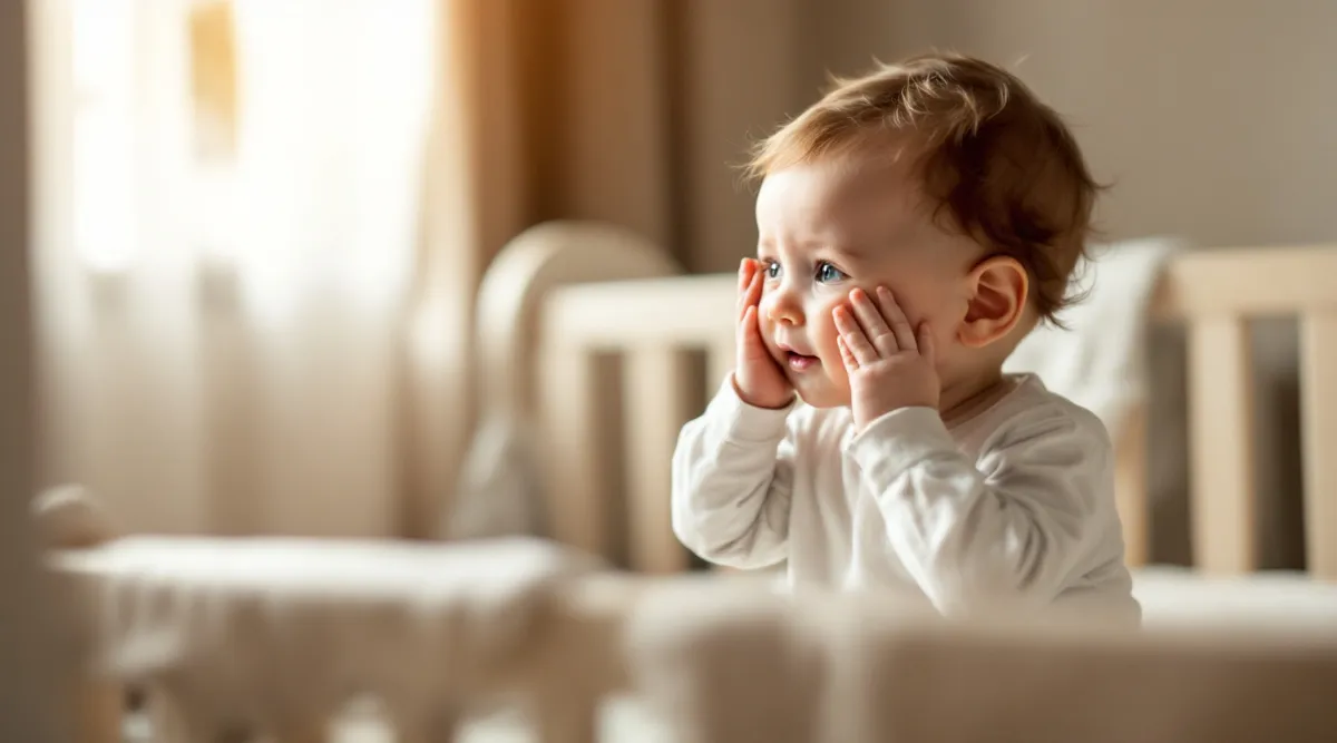 An 8-month-old baby sitting up in a crib rubbing their eyes at bedtime
