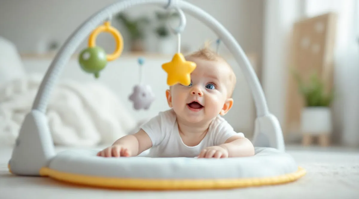 A 12-week-old baby swiping at a hanging toy on a baby gym