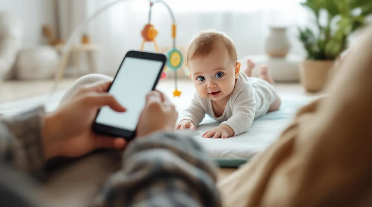 A parent holding a smartphone while their 5-month-old baby lies on a play mat reaching for a toy