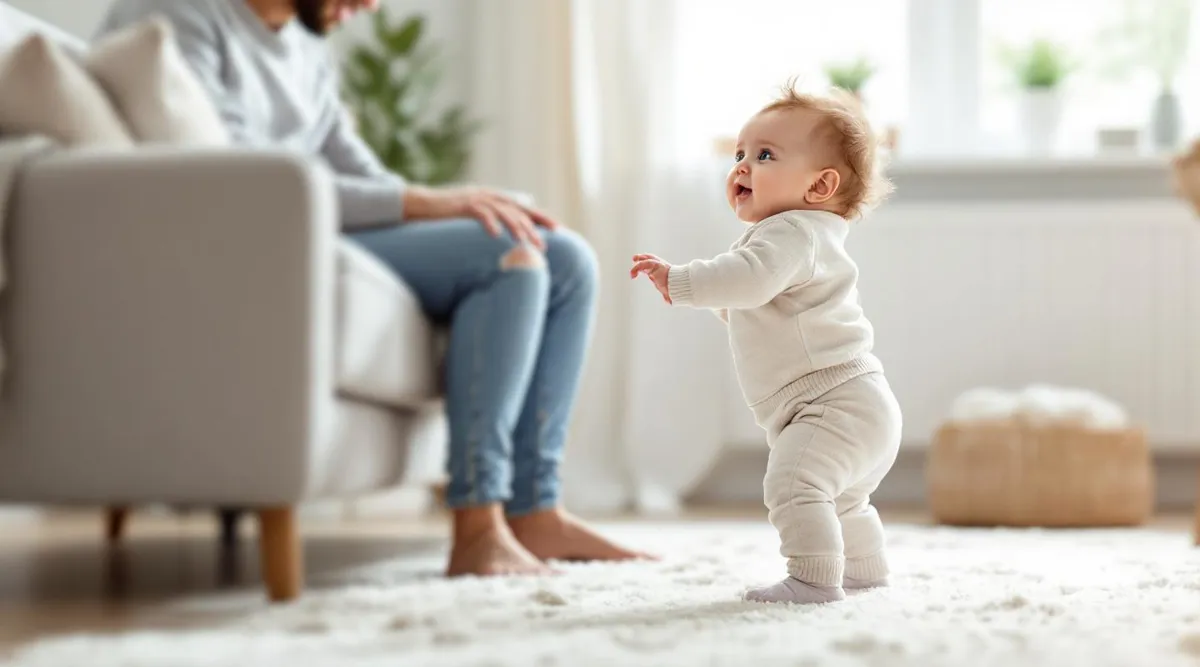 An 11-month-old baby pulling to stand using a low couch while a parent sits nearby with open arms