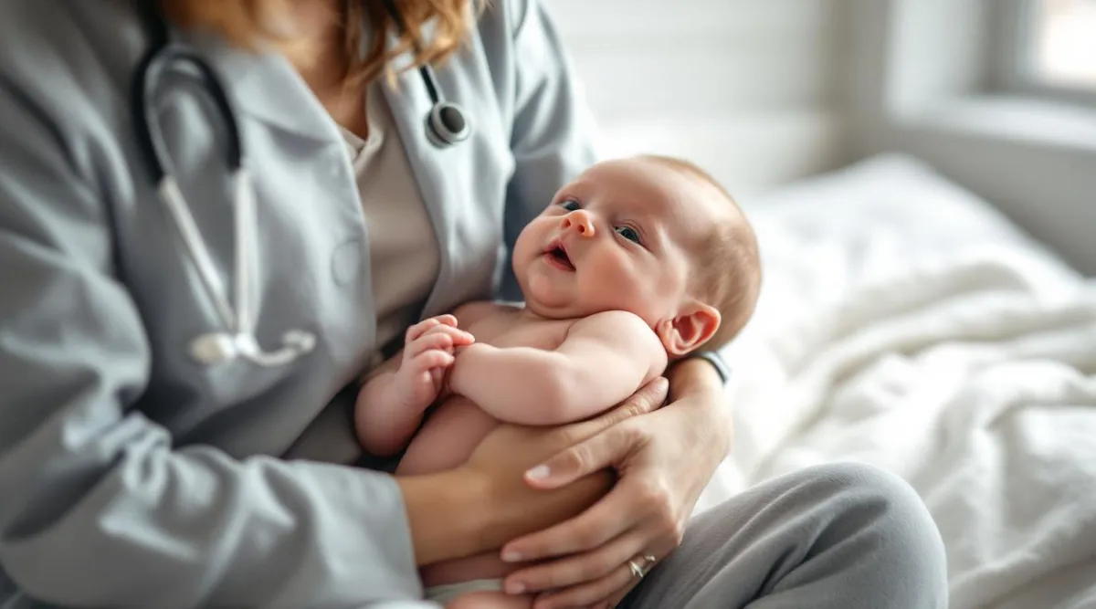 A parent holding a 2-month-old baby during a calm pediatrician visit