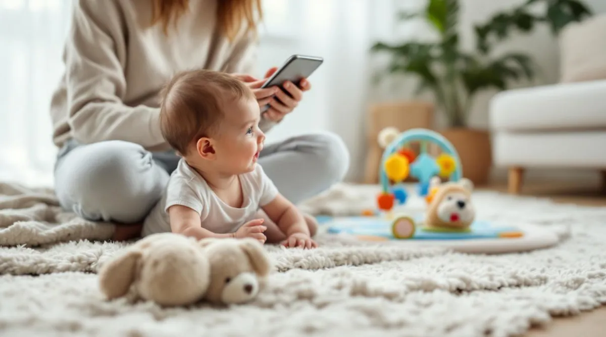 A parent sitting on a soft rug using a smartphone while their 4-month-old baby lies on a play mat nearby