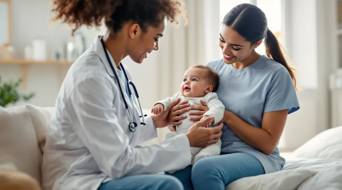 A parent speaking with a pediatrician while holding a 9-month-old baby in an exam room