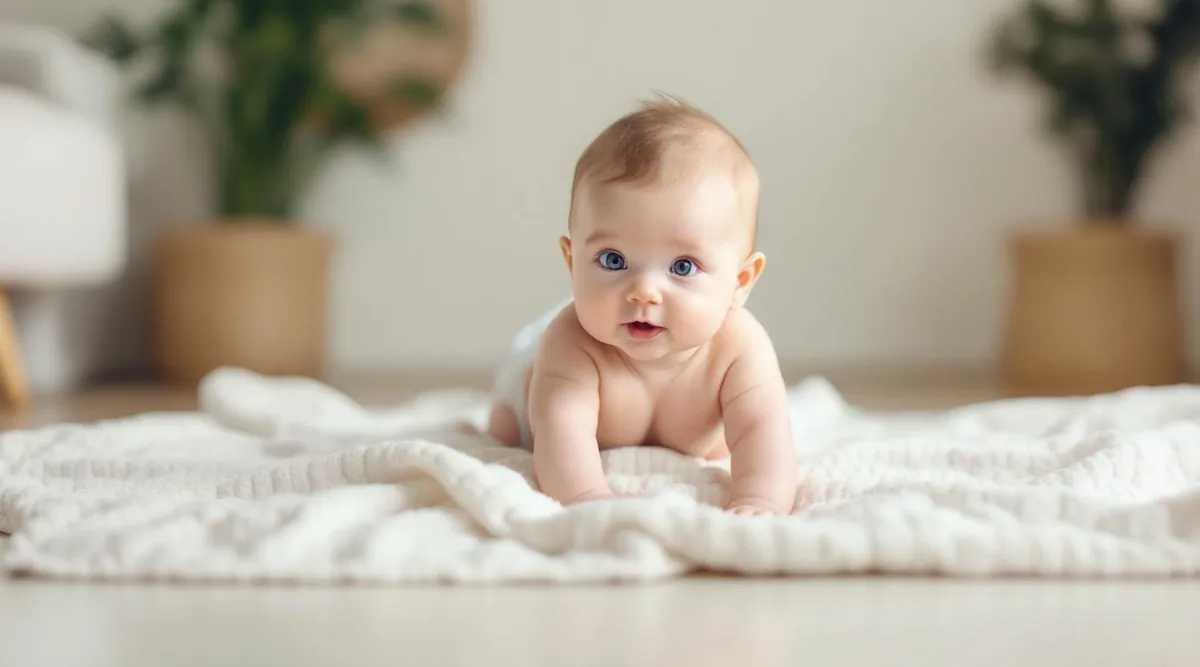 A 3-month-old baby pushing up on their forearms during tummy time on a soft blanket