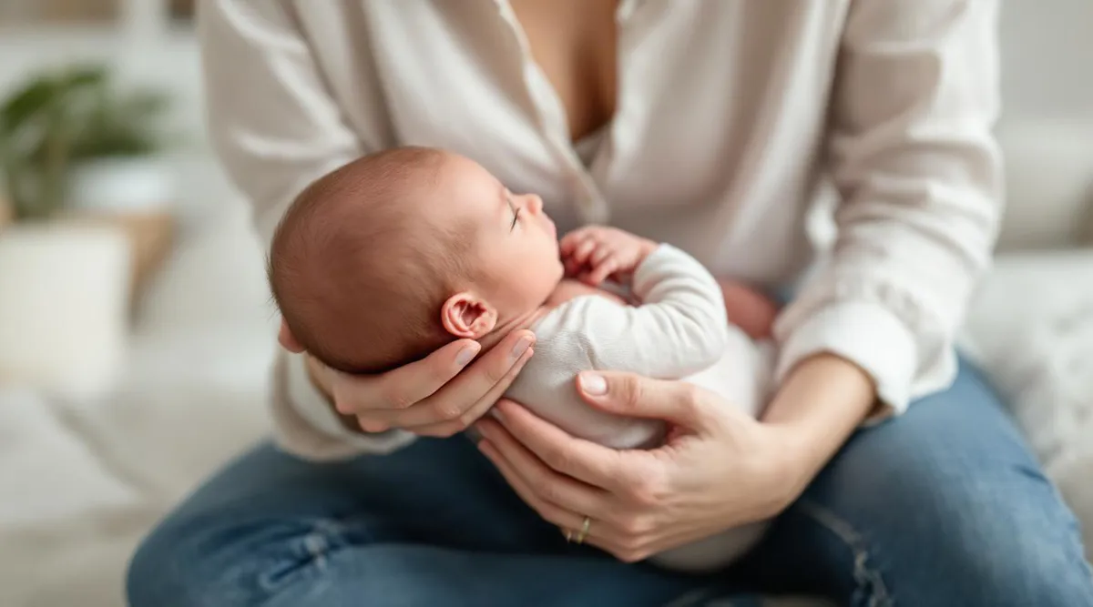 A newborn baby breastfeeding while cradled in a parent's arms