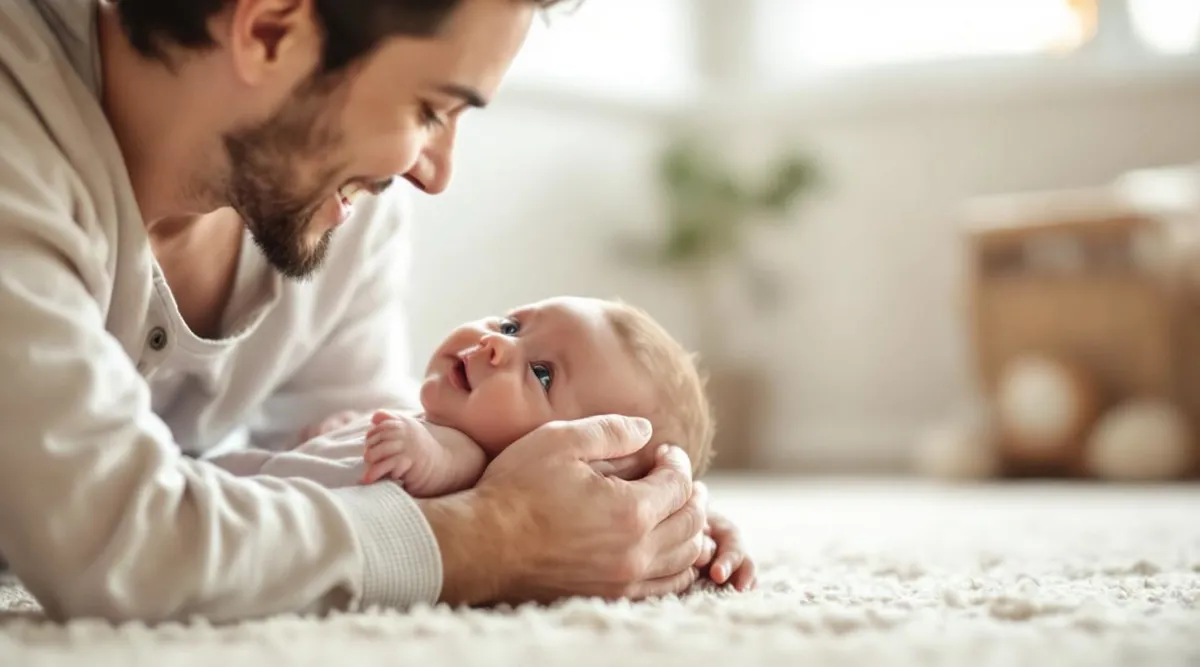 A 2-month-old baby making eye contact with a parent who is smiling down at them
