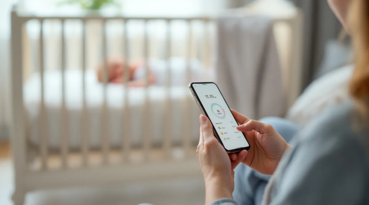 A parent using a baby tracking app on a phone while their baby naps in a crib in the background
