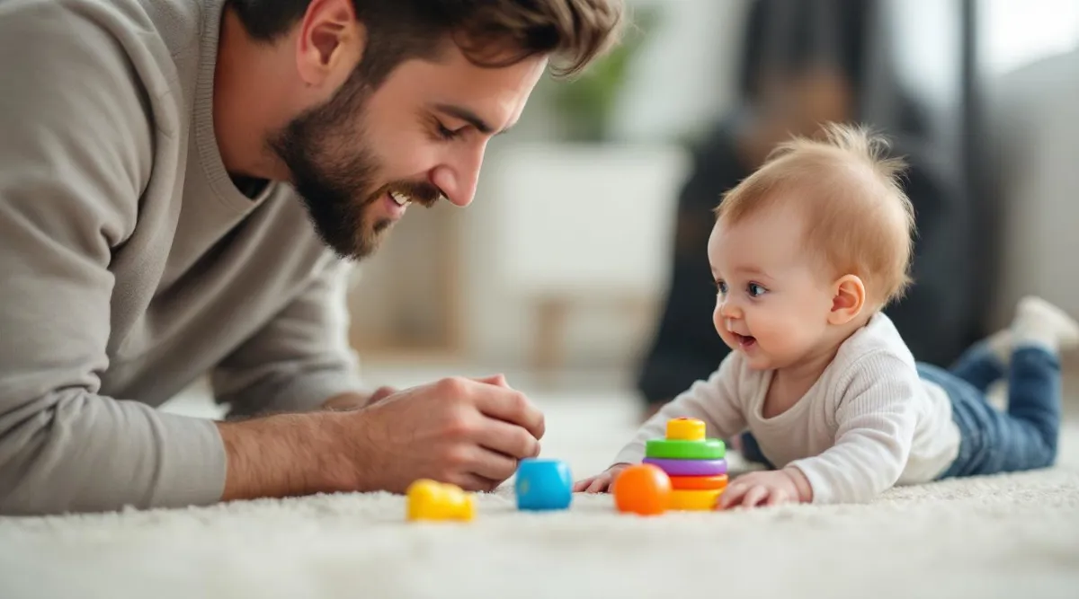 A parent lying on the floor encouraging a 5-month-old baby reaching toward a colorful toy