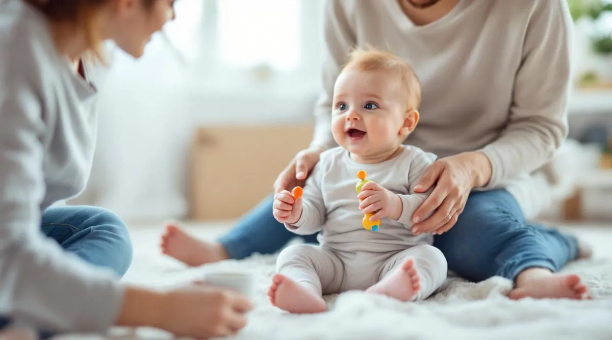 A 6-month-old baby sitting with light support from a parent and holding a small toy