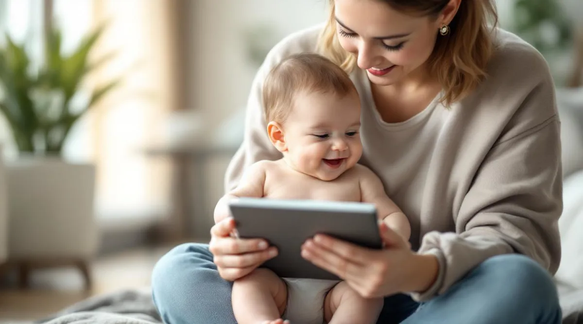 A parent holding a smiling 4-month-old baby while looking thoughtfully at a notebook
