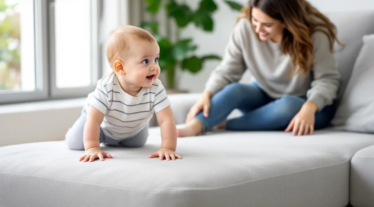 An 11-month-old baby cruising along a couch while looking at a parent