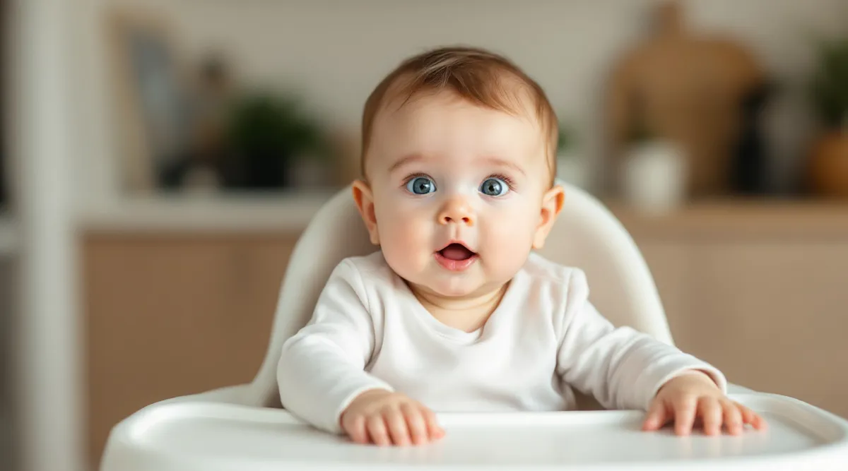 A 6-month-old baby sitting upright in a high chair with steady head control