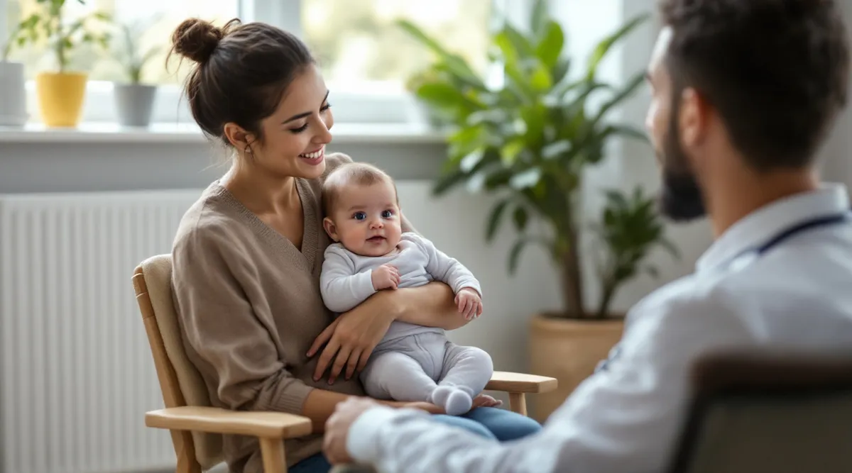 A parent sitting in a pediatrician’s office holding a 6-month-old baby during a calm consultation