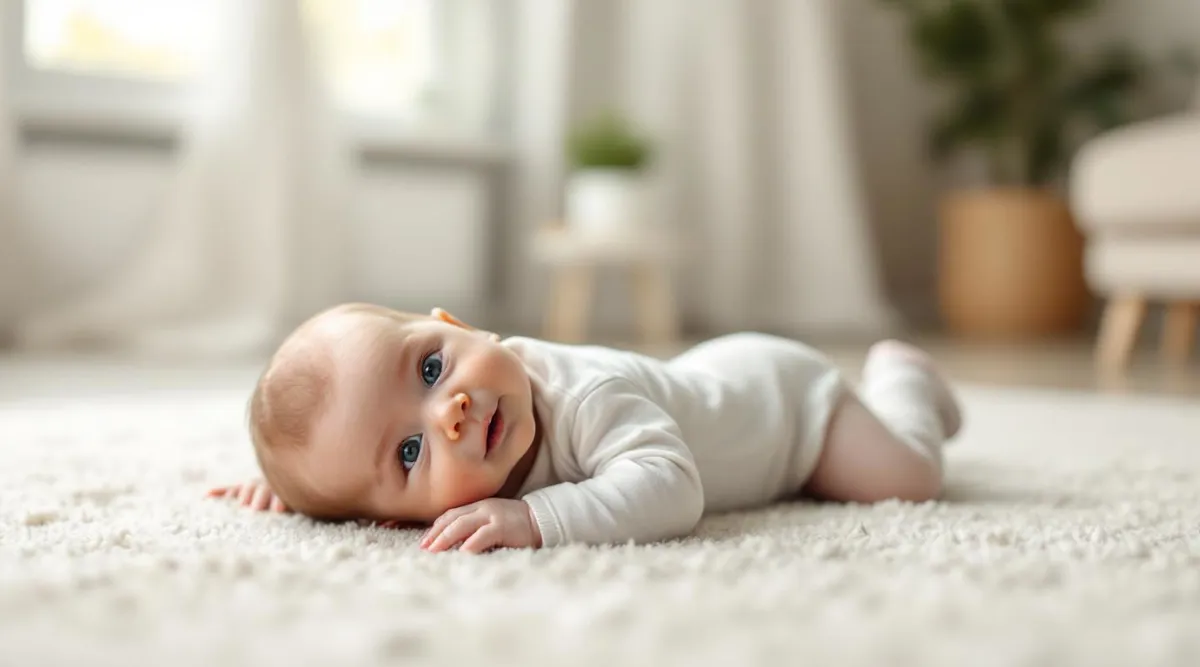 A 5-month-old baby rolling from tummy to back on a soft carpet