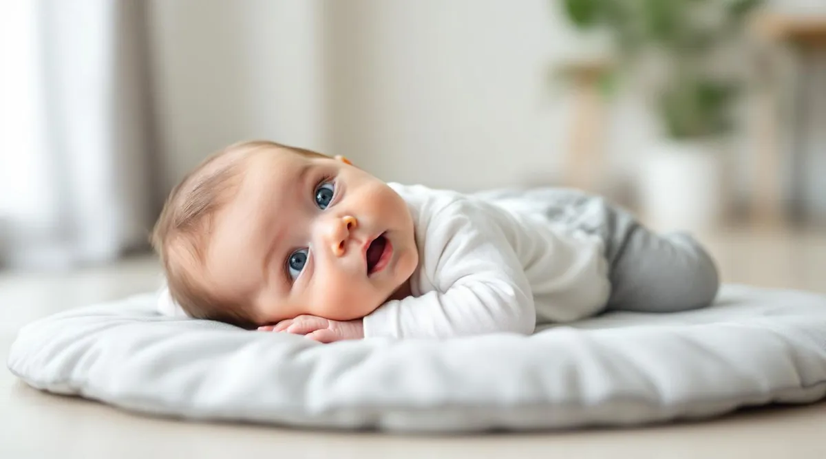 A 3-month-old baby lying awake on a play mat looking alert and curious