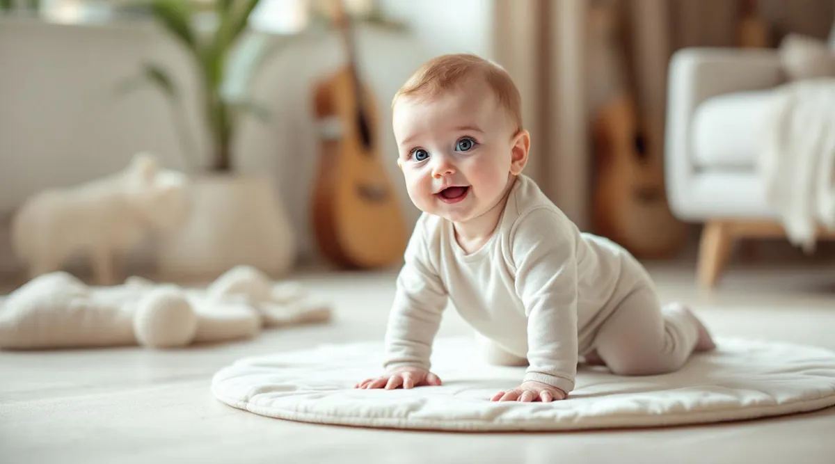 A 7-month-old baby rocking on hands and knees on a soft play mat