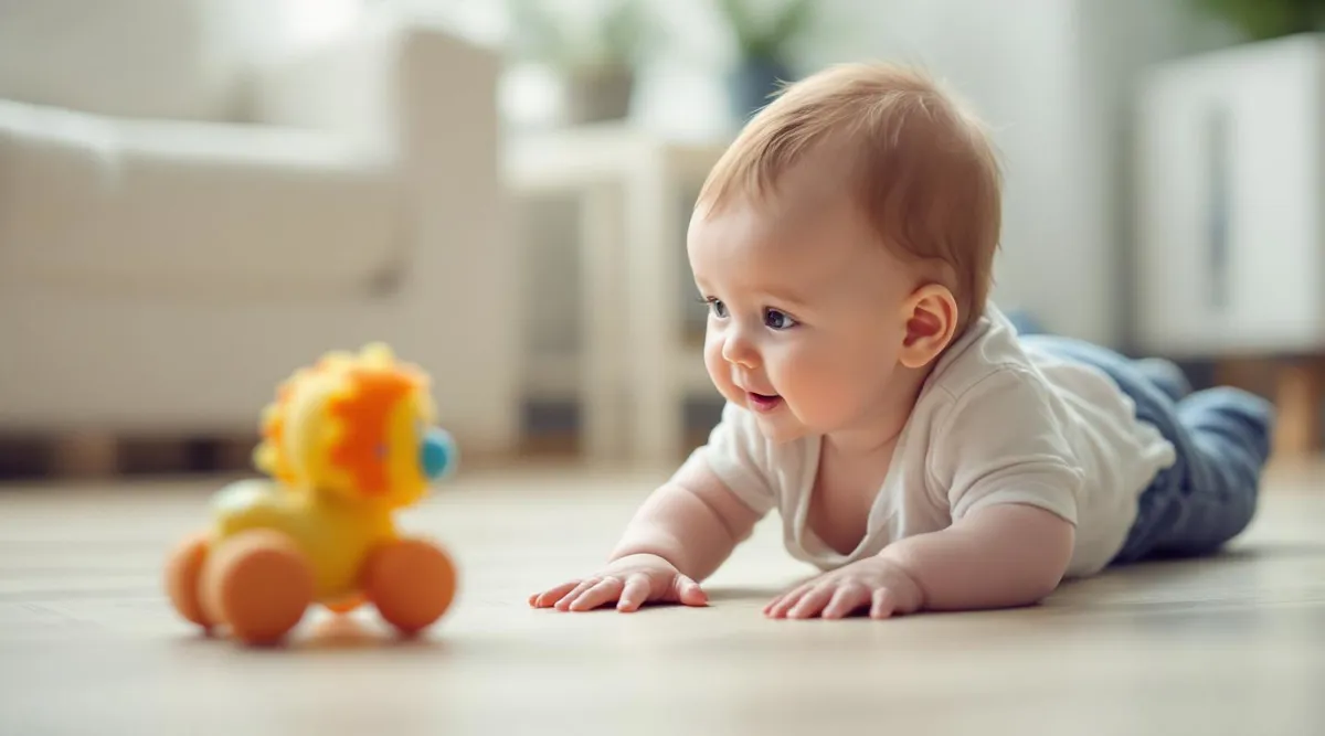 A baby on their tummy reaching forward toward a toy just out of reach