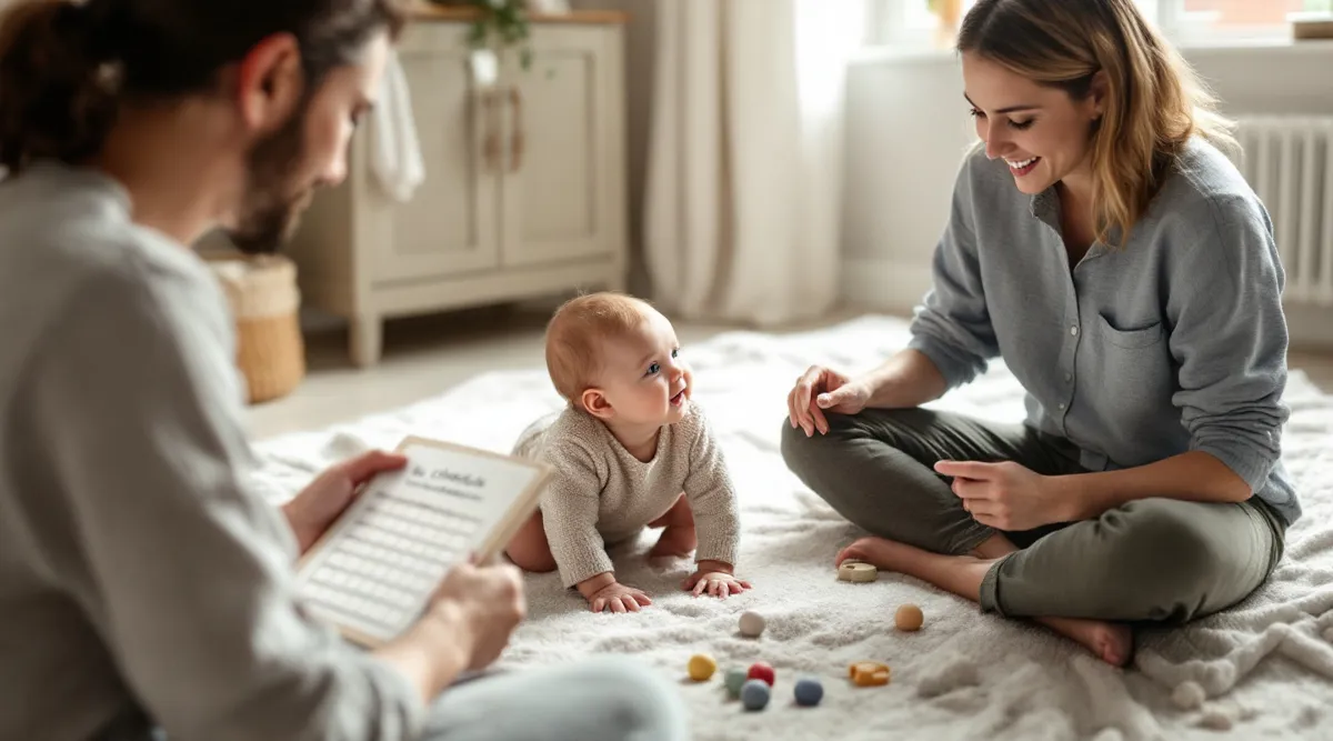 A parent sitting on a nursery floor looking at a simple written baby schedule while their baby plays nearby