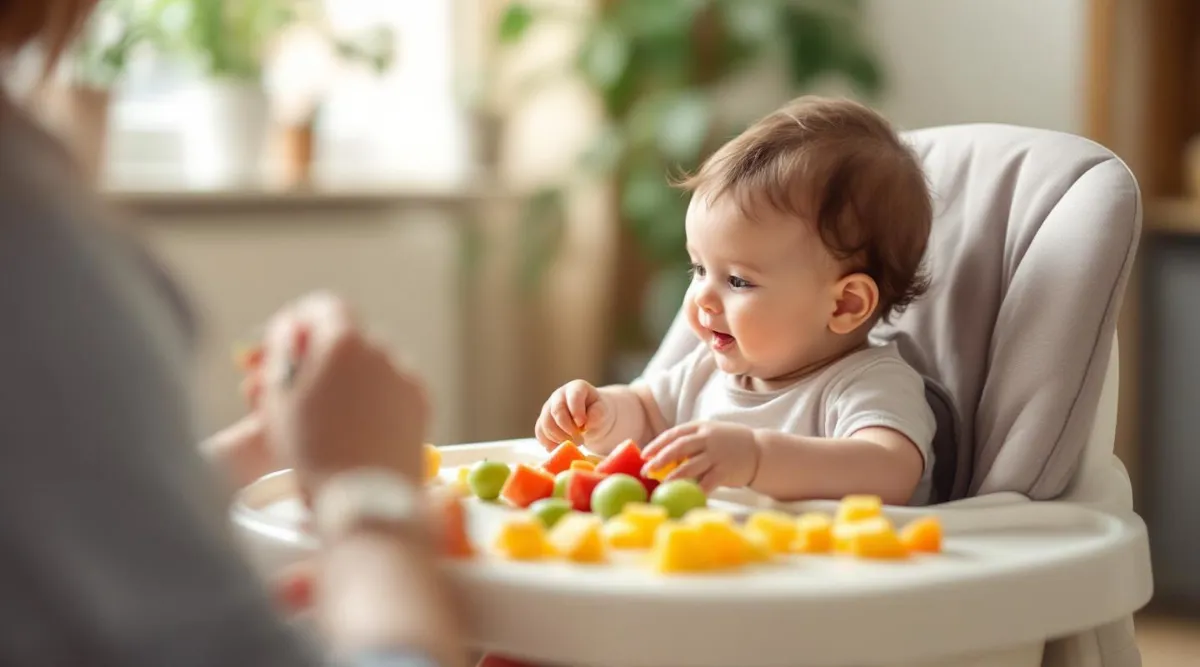 A 10-month-old baby self-feeding small pieces of soft fruit in a high chair