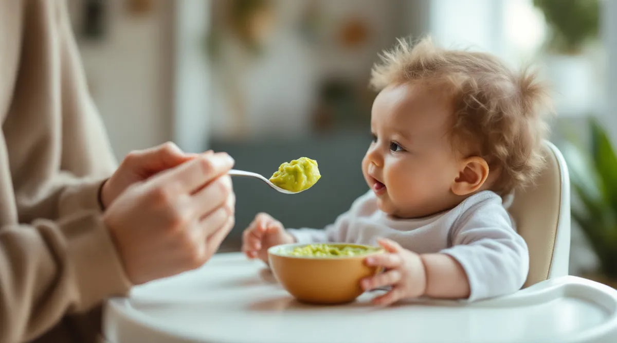 A parent offering mashed avocado on a small spoon to a 6-month-old baby in a high chair