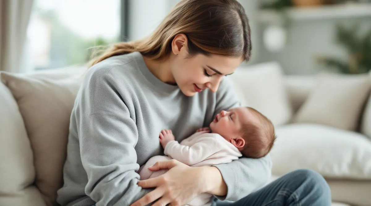 A parent cuddling a newborn against their chest in a quiet moment at home
