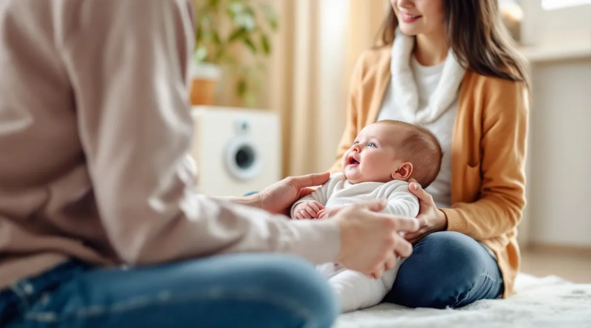 A parent sitting beside their baby during a pediatrician visit, talking with the doctor