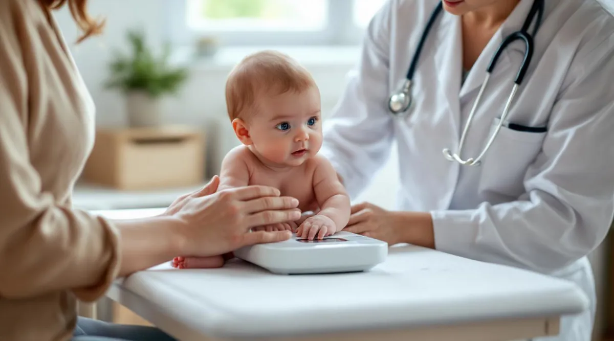 A pediatrician gently weighing a 4-month-old baby on an exam table while a parent watches